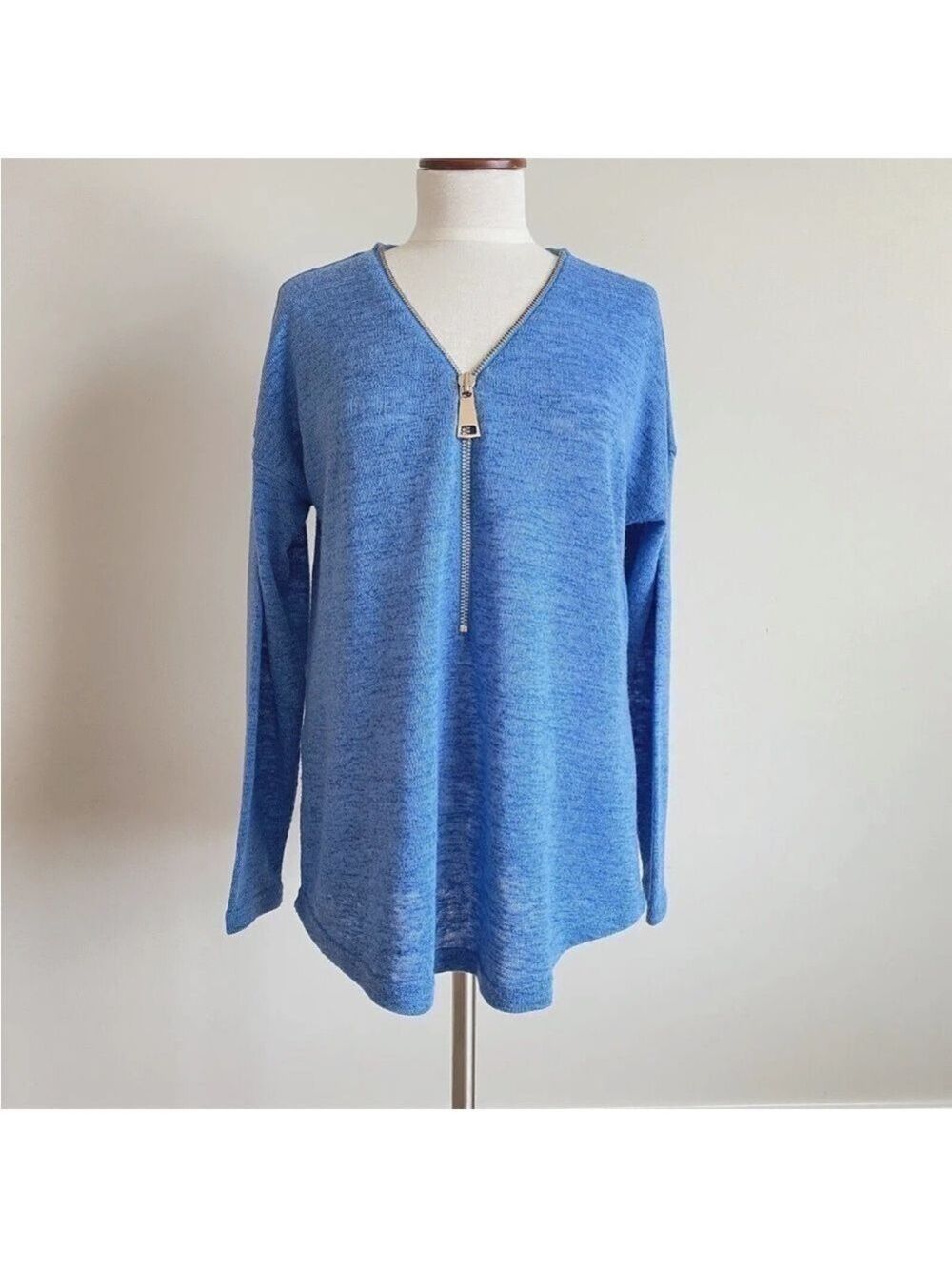 Soft Surroundings Valentina Zip Sweater V-Neck Top Knit Blue Size XL